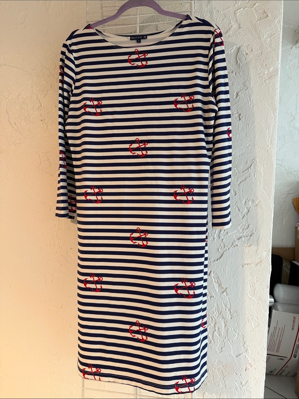 Melly M Navy & White Striped Dress with Red Anchor